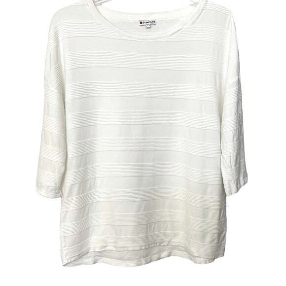 STREET ONE 3/4 SLEEVE PULL-OVER CREW NECK TOP, WOMENS, L-XL, IVORY-RIBBRD LAYERS - Picture 1 of 10
